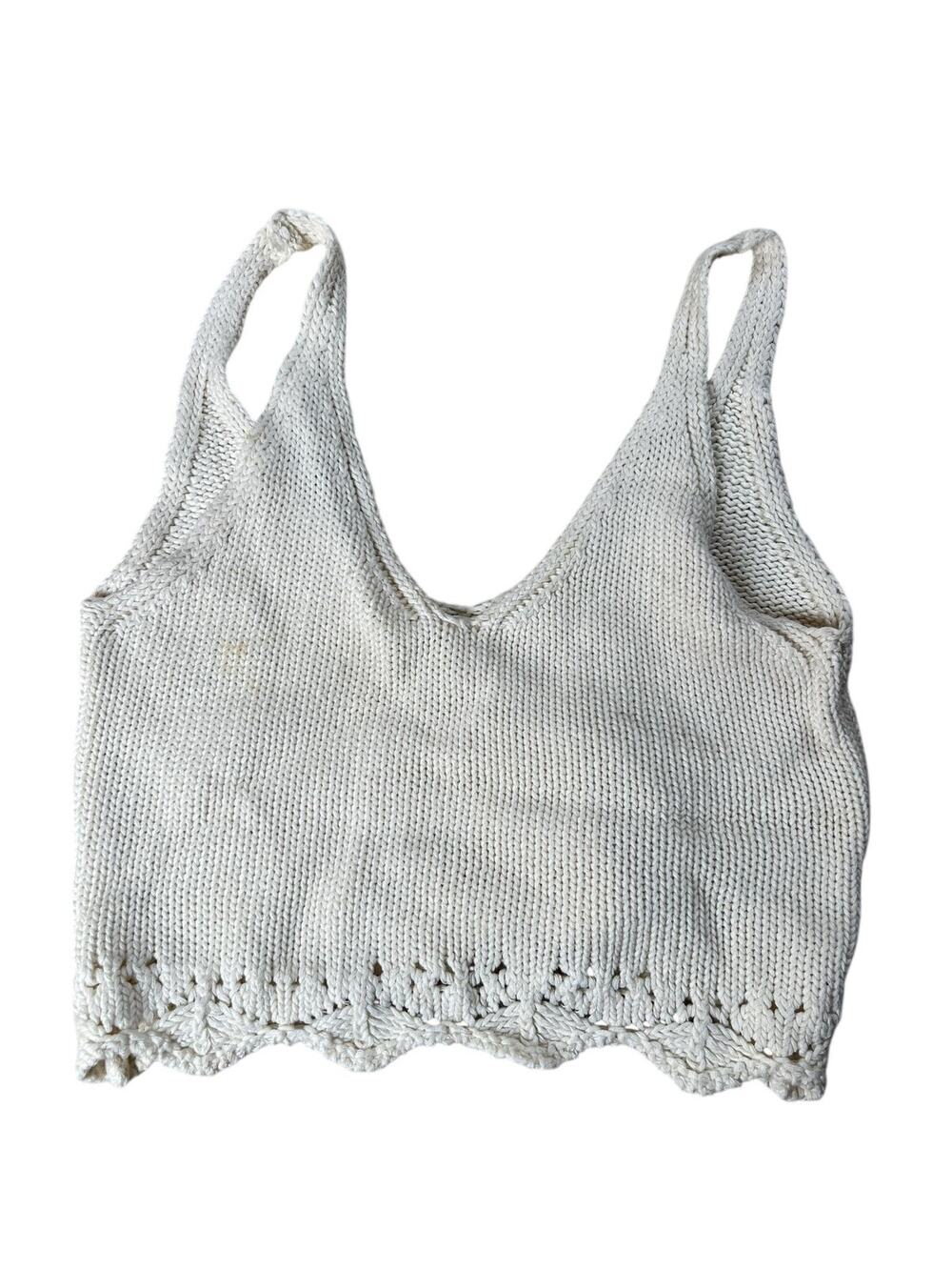 Tank Womens M White Cropped V-Neck Crochet Trim 100% Cotton Summer Lightweight